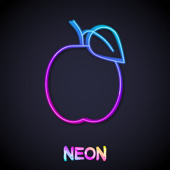 Glowing neon line Plum fruit icon isolated on black background. Vector