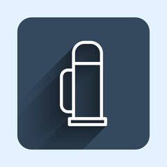 Fototapeta na wymiar White line Thermos container icon isolated with long shadow background. Thermo flask icon. Camping and hiking equipment. Blue square button. Vector