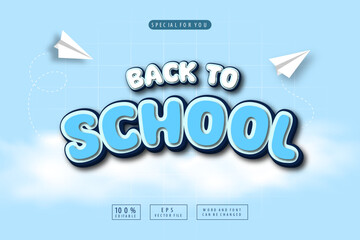 back to school text effect with paper plane and sky clouds background 