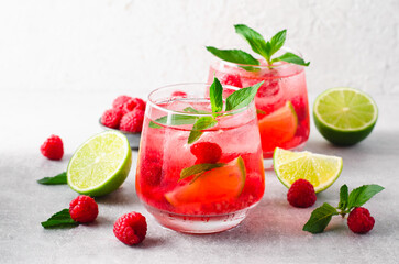 Refreshing Cold Cocktail or Mocktail with Berries and Lime, Raspberry Lemonade