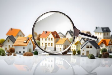 A home search using a magnified glass is a concept that allows one to look for a new home or investment property. It involves searching for a mortgage, buying a home, and investing in real estate. - obrazy, fototapety, plakaty
