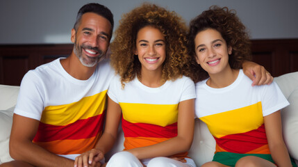 Happy mixed family with father mother and daughter with matching t-shirts smiling sitting on home couch