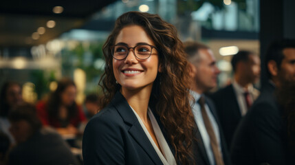 Obraz premium Young smiling finance professional woman with formal clothes and glasses in busy conference room at office with people behind