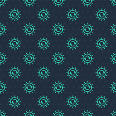 Green line Solar energy panel icon isolated seamless pattern on blue background. Sun with lightning symbol. Vector