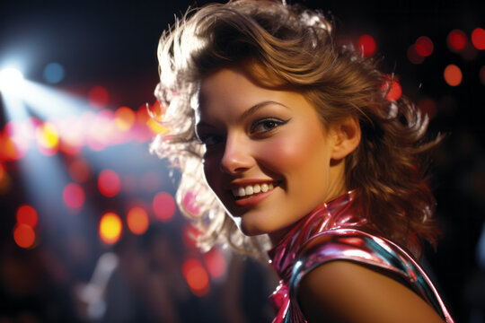 Retrowave smiling woman at dancing sparkle night with retro shiny dress in 70s style