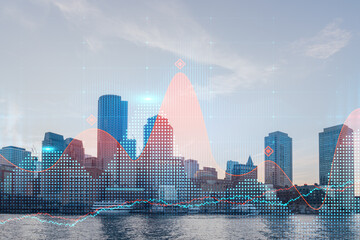 Skyscrapers Cityscape Downtown View, Boston Skyline Buildings. Beautiful Real Estate. Day time. Forex Financial graph and chart hologram. Business education concept.