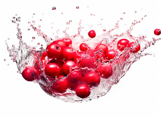 Falling cranberries meets water in a splash, white background. Lots of crystal drops. AI generative illustration.
