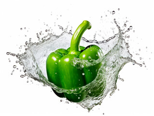 Falling bell pepper vegetable meets water in a splash, white background. Lots of crystal drops. AI generative illustration.