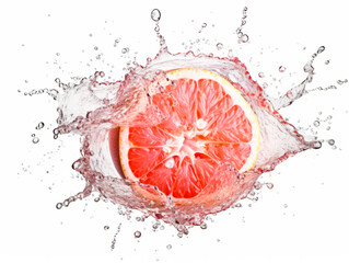 Falling grapefruit fruit meets water in a splash, white background. Lots of crystal drops. AI generative illustration.