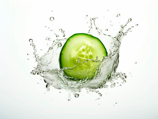 Falling cucumber vegetable meets water in a splash, white background. Lots of crystal drops. AI generative illustration.