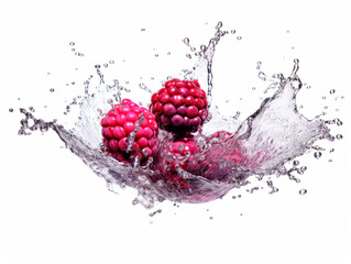 Falling raspberries meets water in a splash, white background. Lots of crystal drops. AI generative illustration.