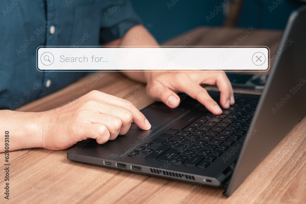 Poster User working with laptop computer on table in office. Search engine optimization the internet with search bar. Best SEO technology networking, Searching browsing internet data information concept.