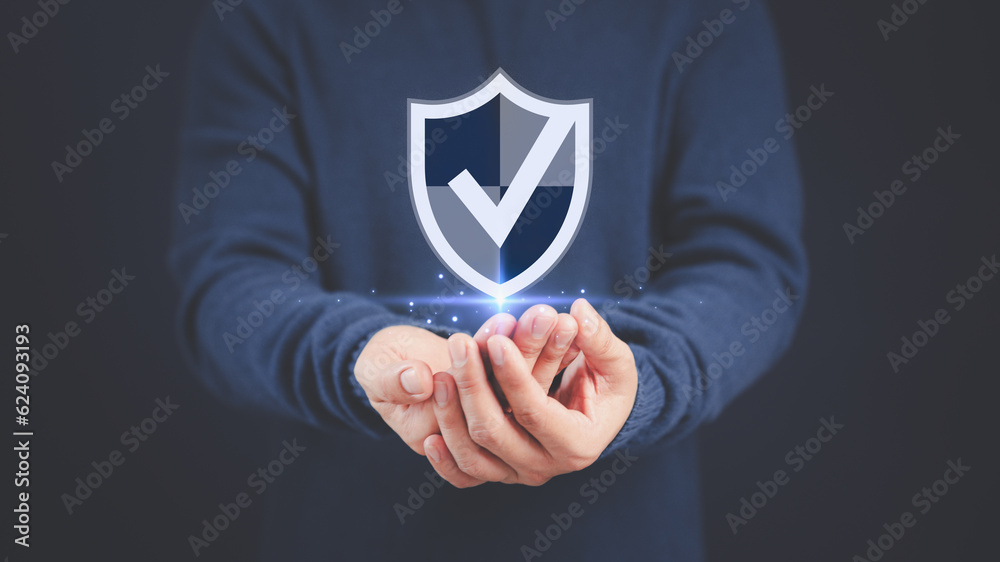 Aufkleber man hands showing identity proofing icon for the security protection system on the virtual screen. c