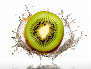 Falling kiwi fruit meets water in a splash, white background. Lots of crystal drops. AI generative illustration.