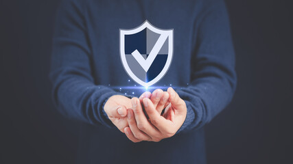 Man hands showing identity proofing icon for the security protection system on the virtual screen. Certified guarantee approval or secure access system concept, Quality assurance of business service.
