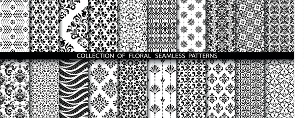 Geometric floral set of seamless patterns. White and black vector backgrounds. Damask graphic ornaments.
