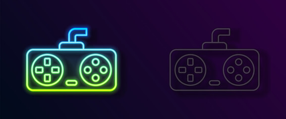 Glowing neon line Game controller or joystick for game console icon isolated on black background. Vector © Iryna