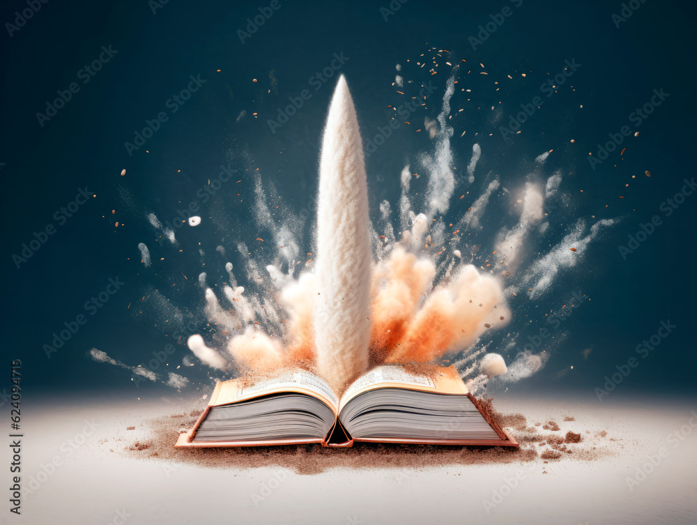 Poster Rocket starts from open book. Spaceship launch from dictionary. Concept of a successful start up of a business. and education. Creative idea. Ai Generative illustration