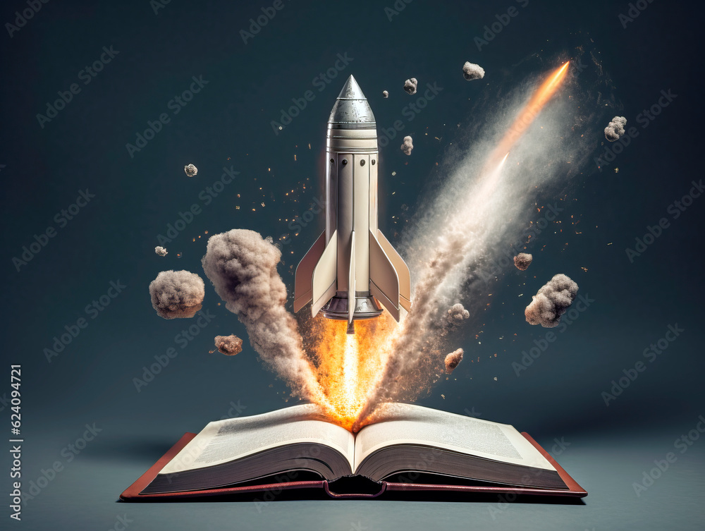 Aufkleber Rocket starts from open book. Spaceship launch from dictionary. Concept of a successful start up of a business. and education. Creative idea. Ai Generative illustration