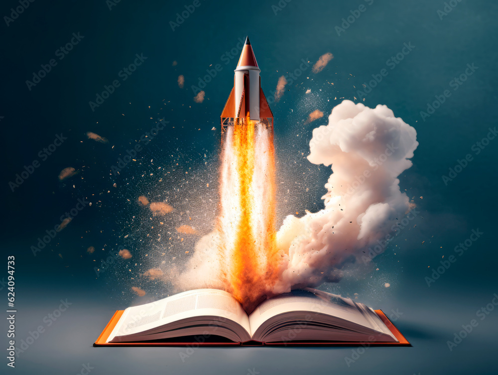 Poster Rocket starts from open book. Spaceship launch from dictionary. Concept of a successful start up of a business. and education. Creative idea. Ai Generative illustration
