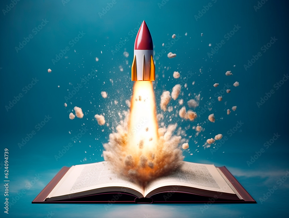 Aufkleber Rocket starts from open book. Spaceship launch from dictionary. Concept of a successful start up of a business. and education. Creative idea. Ai Generative illustration