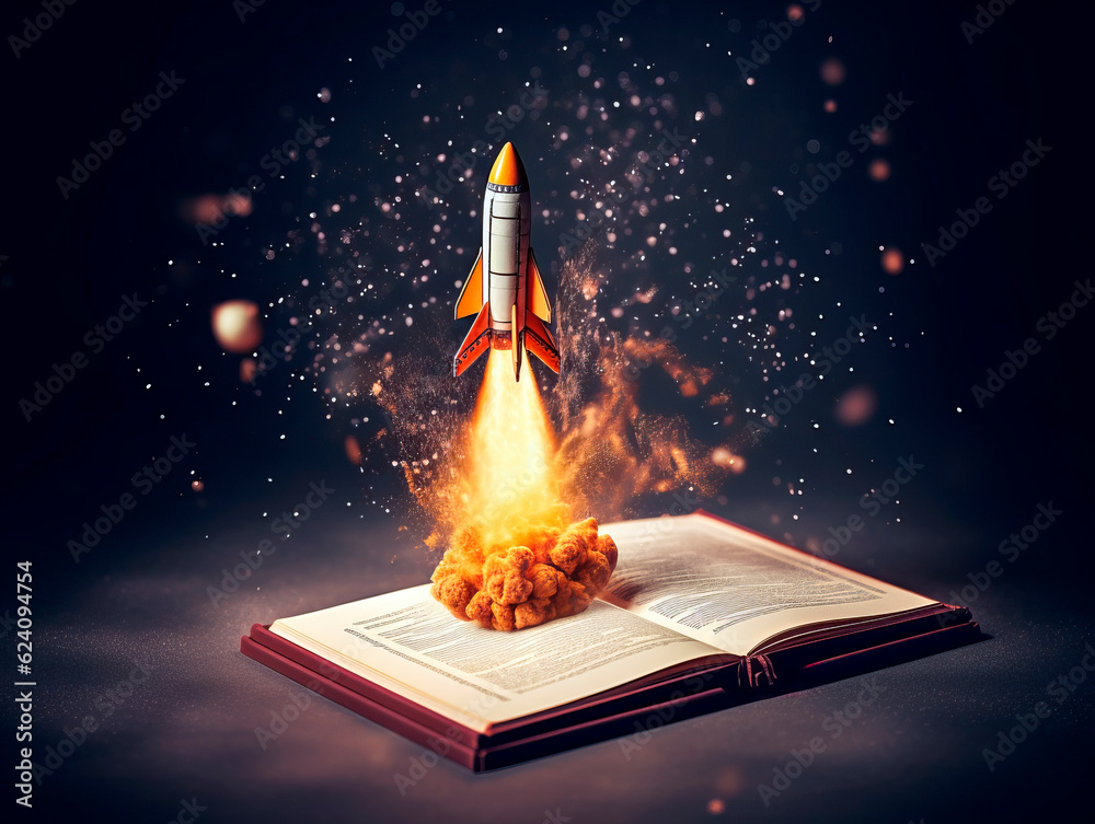 Aufkleber Rocket starts from open book. Spaceship launch from dictionary. Concept of a successful start up of a business. and education. Creative idea. Ai Generative illustration