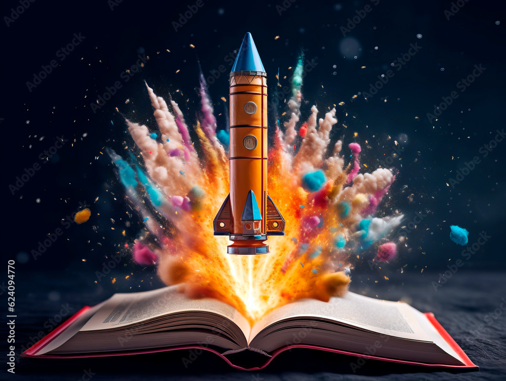 Poster Rocket starts from open book. Spaceship launch from dictionary. Concept of a successful start up of a business. and education. Creative idea. Ai Generative illustration