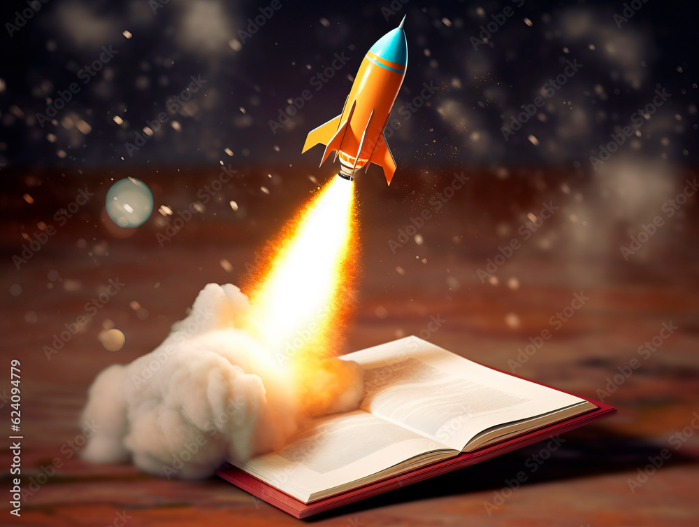 Poster Rocket starts from open book. Spaceship launch from dictionary. Concept of a successful start up of a business. and education. Creative idea. Ai Generative illustration