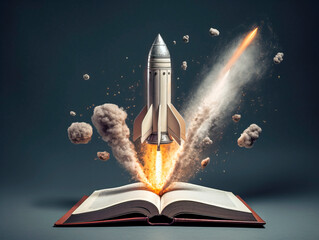 Rocket starts from open book. Spaceship launch from dictionary. Concept of a successful start up of a business. and education. Creative idea. Ai Generative illustration - obrazy, fototapety, plakaty