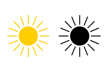 Sun icon set. Collection of yellow sun and black silhouette. Vector illustration for use as weather, sunlight, nature icon or logo isolated on white background
