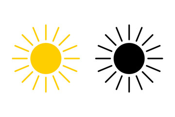 Sun icon set. Collection of yellow sun and black silhouette. Vector illustration for use as weather, sunlight, nature icon or logo isolated on white background