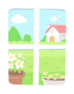 Cute White Window with a Country Side House Flower View Landscape Hand drawn Illustration Cartoon