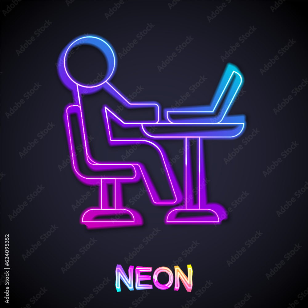 Canvas Prints Glowing neon line Freelancer icon isolated on black background. Freelancer man working on laptop at his house. Online working, distant job concept. Vector