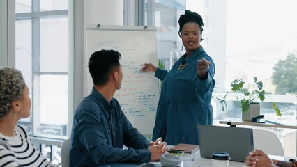 Training, presentation and teamwork with business people in meeting for idea, planning and strategy. Coaching, speaker and workshop with black woman in office for learning, collaboration and seminar