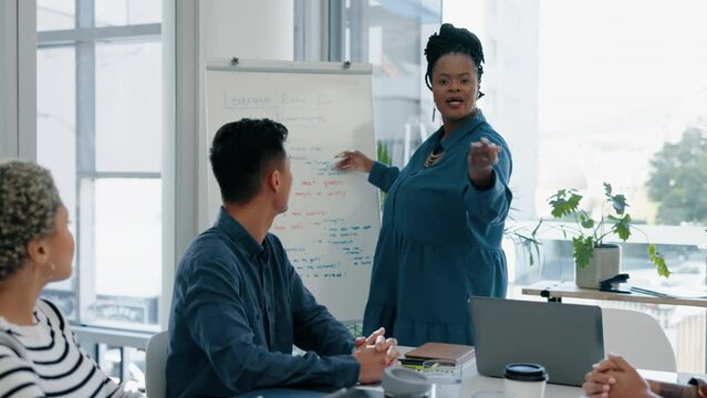 Training, presentation and teamwork with business people in meeting for idea, planning and strategy. Coaching, speaker and workshop with black woman in office for learning, collaboration and seminar
