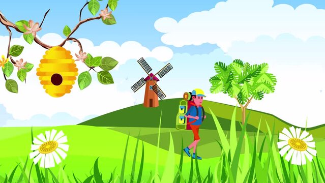 Tourist walking among countryside landscape, 2d cartoon animation