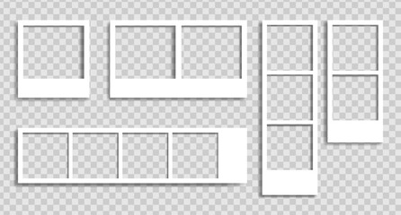 Empty white photo frame. Set realistic photo card frame in mockup style. Isolated blank on transparent background. Vector illustration.