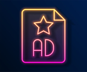 Fototapeta premium Glowing neon line Advertising icon isolated on black background. Concept of marketing and promotion process. Responsive ads. Social media advertising. Vector