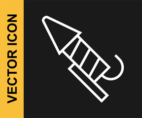 White line Firework rocket icon isolated on black background. Concept of fun party. Explosive pyrotechnic symbol. Vector
