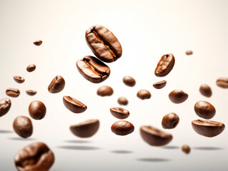Falling Roasted Coffee Beans, Macro Shot, close-up. Ai Generative illustration