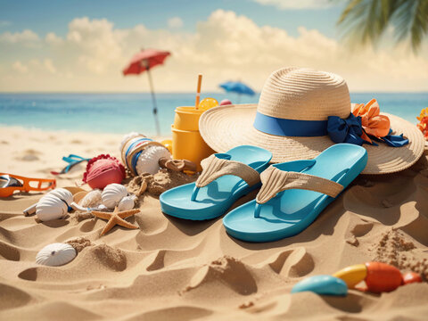Caribbean Tropical Summer Scene with Hat, Slipper, Umbrella, Shell, Starfish on Sand Beach with Sea Water, Beach Accessories, Generative Ai
