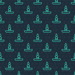 Green line Burning candle in candlestick icon isolated seamless pattern on blue background. Cylindrical candle stick with burning flame. Vector