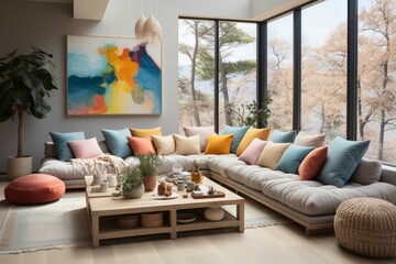 Colorful Interior of living room with sofa and pillows, summer landscape at the window. Interior design. 3D AI illustration.