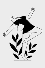 Dancing woman with plants vector line illustration. Girl in dance pose. Young woman in motion clipart