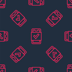 Red line Mobile phone shopping icon isolated seamless pattern on black background. Online buying symbol. Supermarket basket symbol. Vector