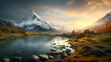Fototapeta na wymiar fantastic evening panorama of Bachalp lake in Switzerland Landscape