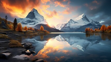 fantastic evening panorama of Bachalp lake in Switzerland Landscape