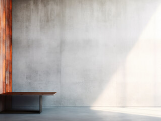 Empty room interior with concrete walls, grey floor with light and soft skylight from window. Background with copy-space. Table in the corner. Ai Generative illustration