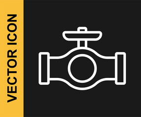 White line Oil pipe with valve icon isolated on black background. Vector