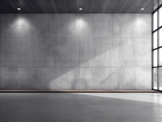 Empty room interior with concrete walls, grey floor with light and soft skylight from window. Background with copy-space. Ai Generative illustration - 624096962